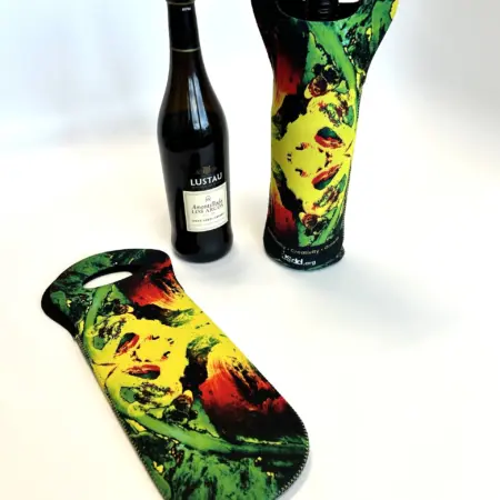 A yellow and green wine tote designed by Zak Z