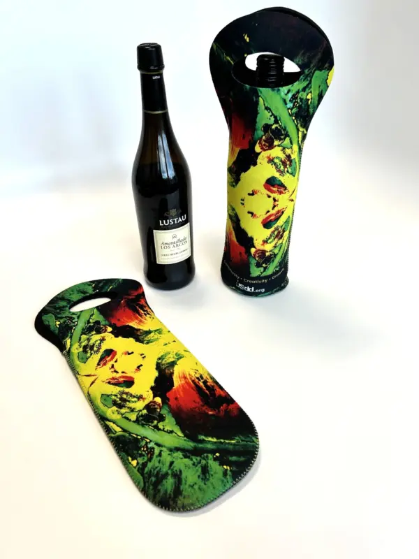 A yellow and green wine tote designed by Zak Z