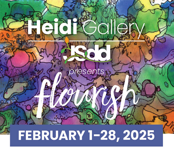 Graphic with rainbow painted flowers for Heidi Gallery's Flourish exhibit